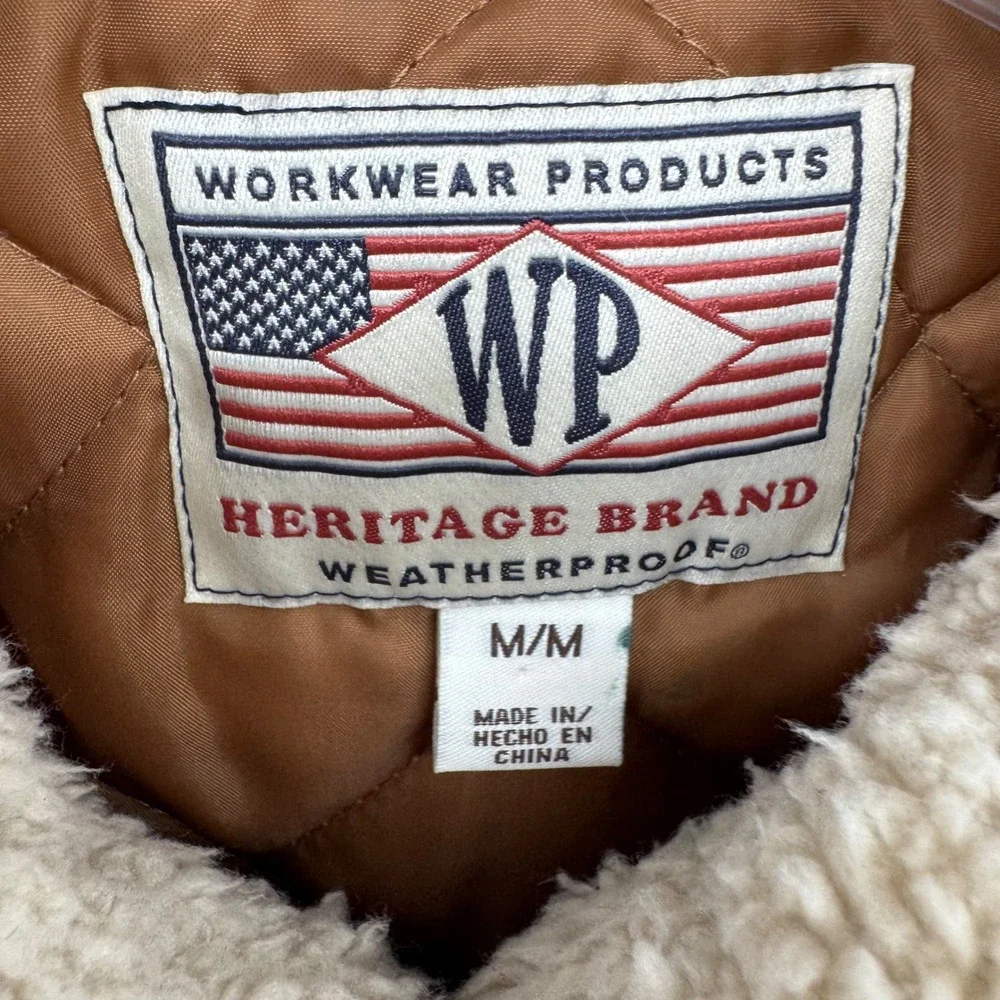 Weatherproof Canvas Workwear Vest Mens Medium Brown Sherpa Lined Quilted Utility